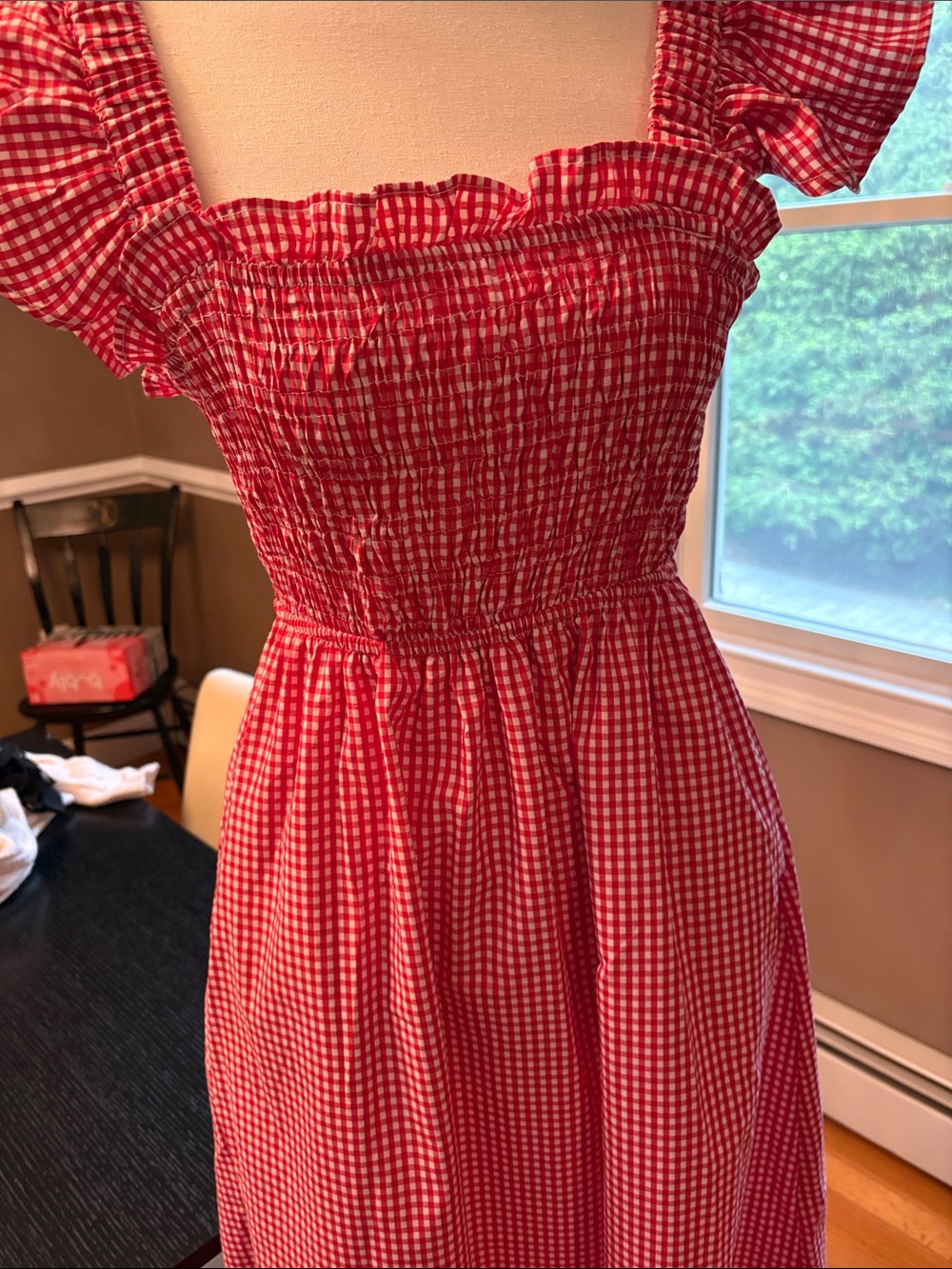 Red Gingham Smocked Midi Dress with Ruffle Cap Sleeves - Picture 4 of 5